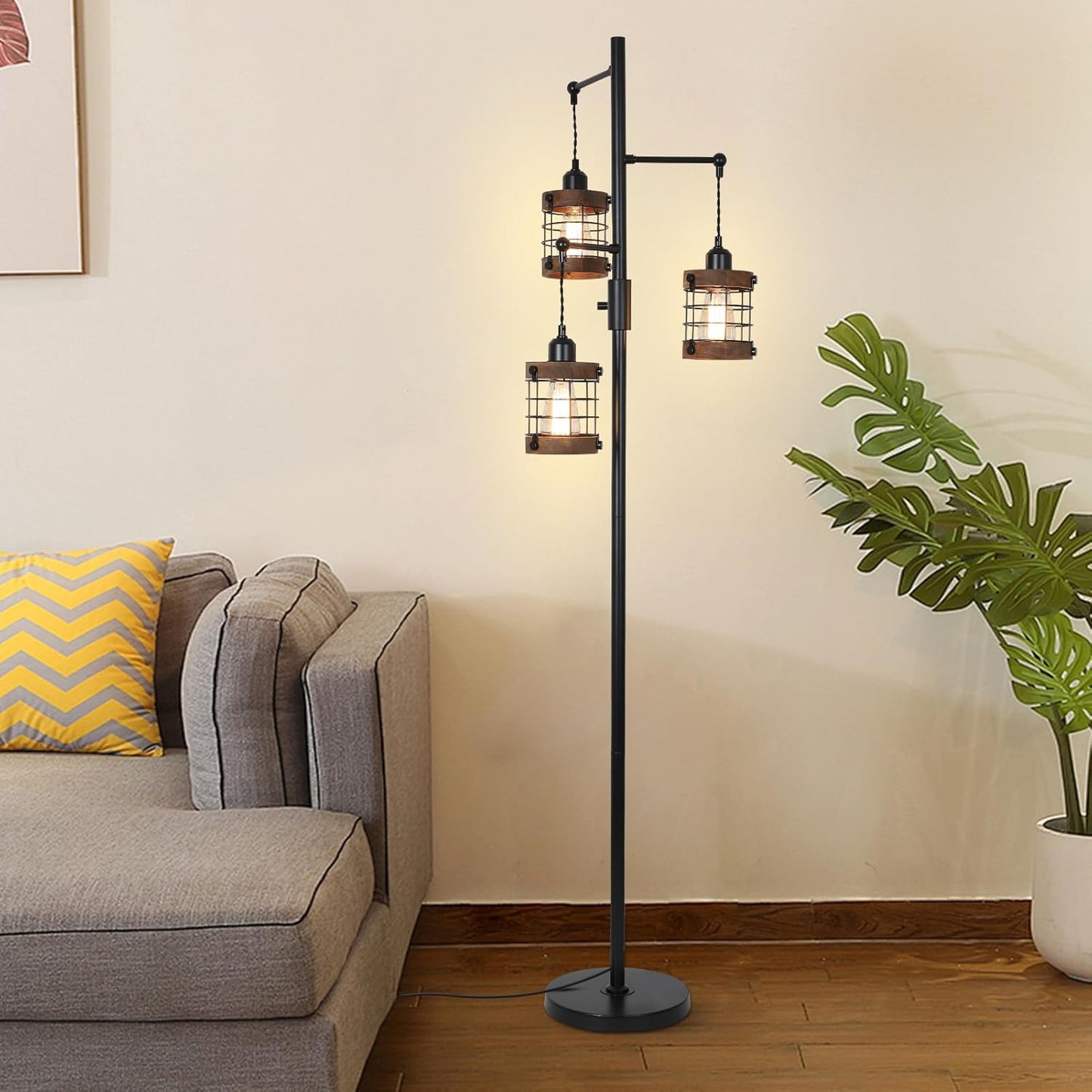 YANSUN 65in Dimmable Farmhouse Floor Lamp 3-Light Industrial Standing Lamp with Wood Accents Metal Cage Shades for Living Room Bedroom