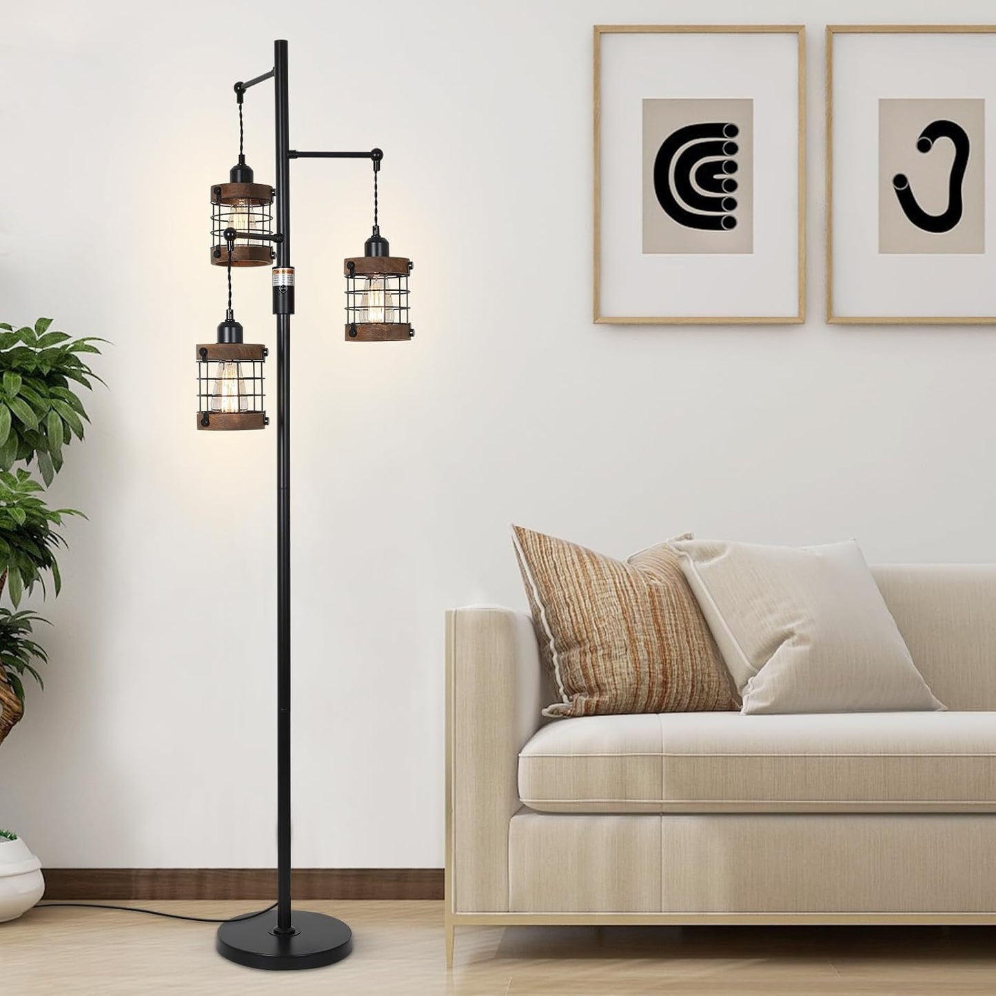 YANSUN 65in Dimmable Farmhouse Floor Lamp 3-Light Industrial Standing Lamp with Wood Accents Metal Cage Shades for Living Room Bedroom