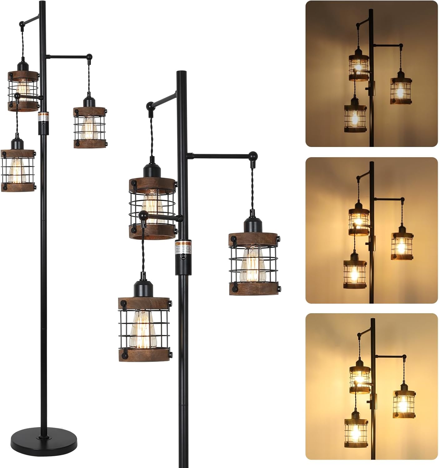 YANSUN 65in Dimmable Farmhouse Floor Lamp 3-Light Industrial Standing Lamp with Wood Accents Metal Cage Shades for Living Room Bedroom