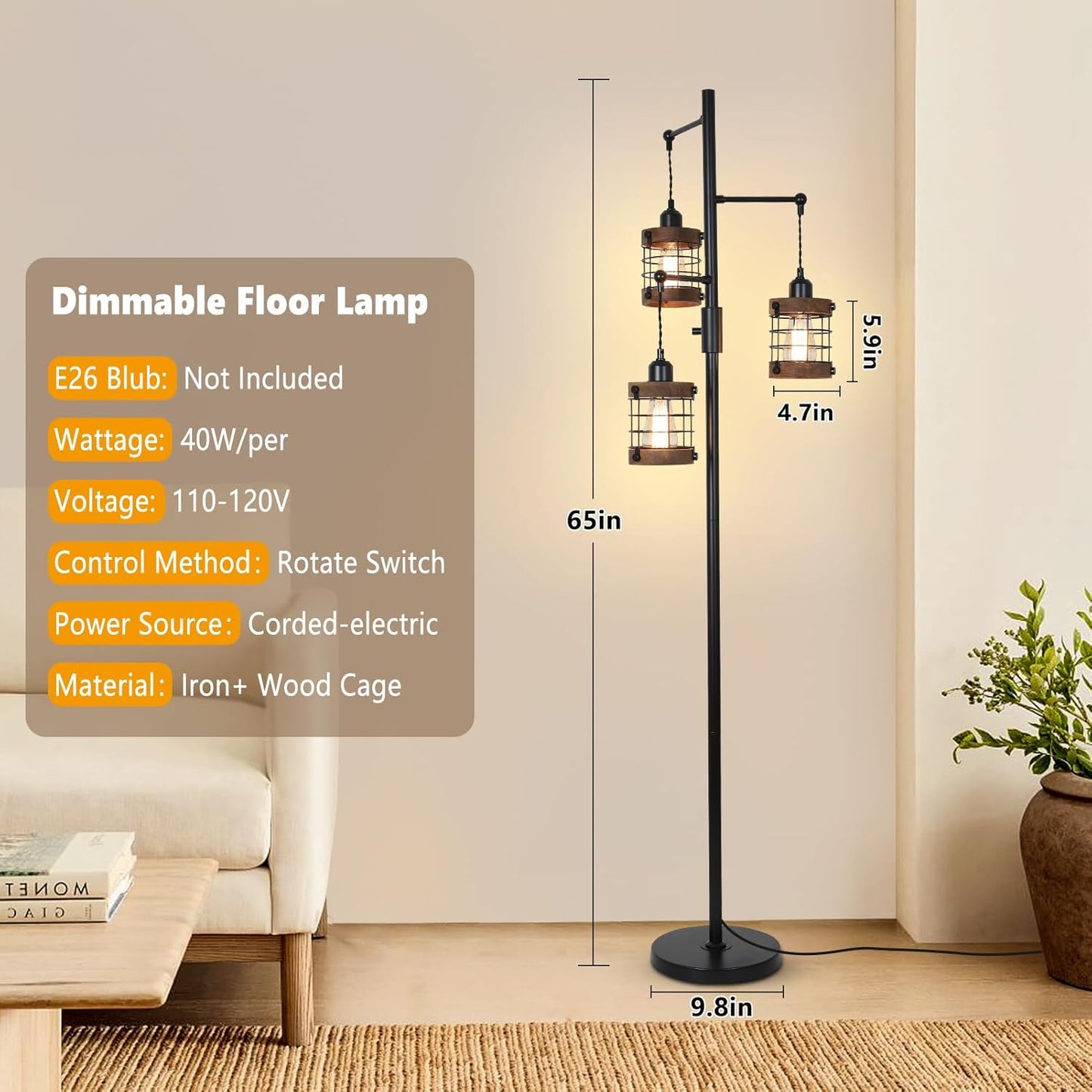 YANSUN 65in Dimmable Farmhouse Floor Lamp 3-Light Industrial Standing Lamp with Wood Accents Metal Cage Shades for Living Room Bedroom