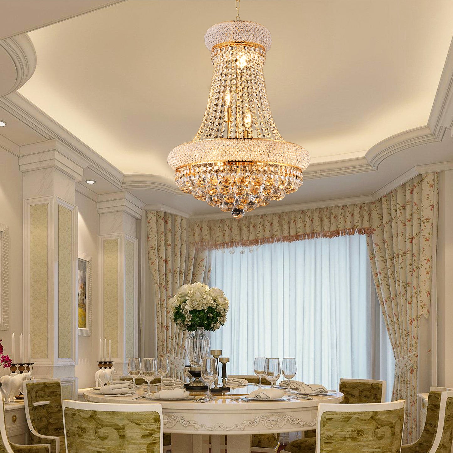 YANSUN 18in. Gold Crystal Chandelier 9-Light French Empire LED Bulbs 3000K Warm Light for Dining Room Bedroom Entryway