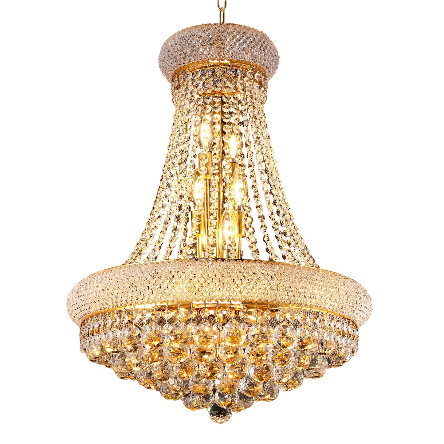 YANSUN Elegant 24" French Empire Crystal Chandelier, 12 E12 LED Bulbs, Gold Finish, Cascading Crystals, 3000K Warm White