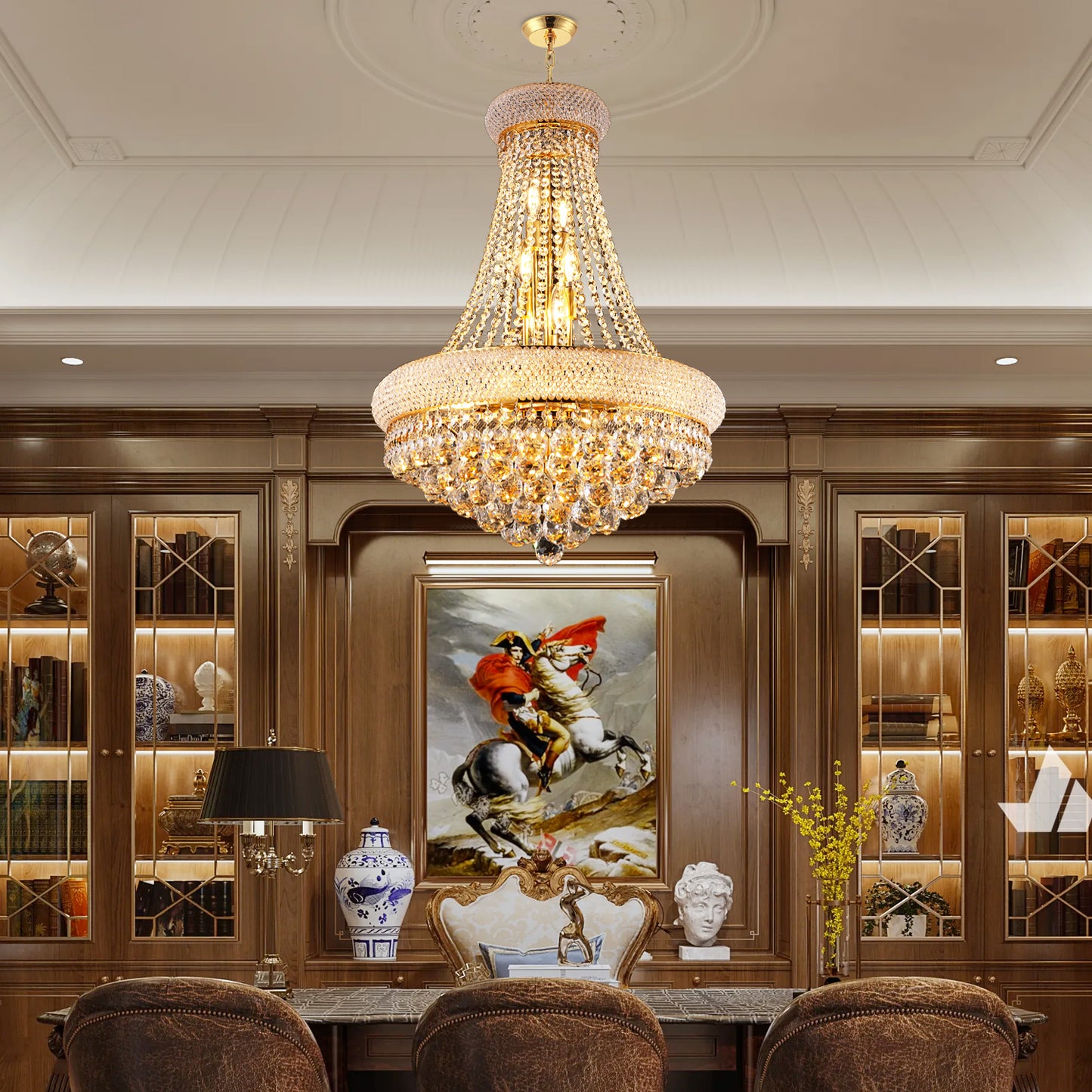 YANSUN Elegant 24" French Empire Crystal Chandelier, 12 E12 LED Bulbs, Gold Finish, Cascading Crystals, 3000K Warm White