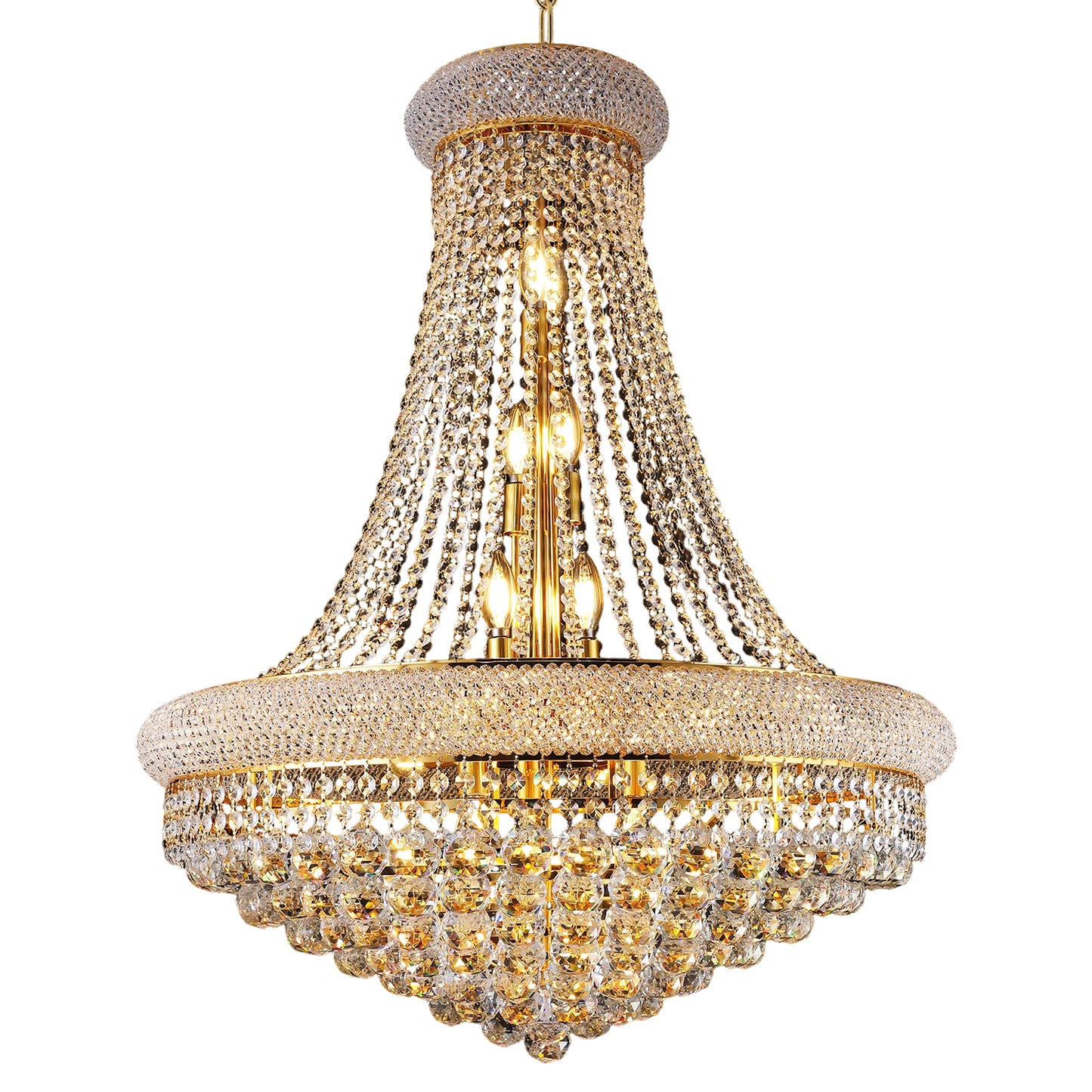 YANSUN Elegant French Empire Chandelier, 28" Gold Finish with 15 E12 LED Bulbs, 2700K-3000K Warm White Light, Crystal Cascading Design