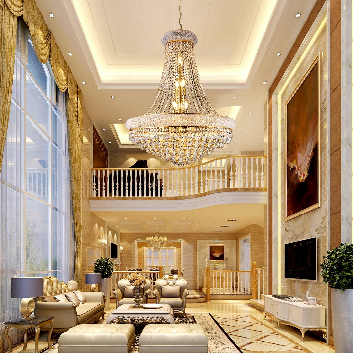 YANSUN Elegant French Empire Chandelier, 28" Gold Finish with 15 E12 LED Bulbs, 2700K-3000K Warm White Light, Crystal Cascading Design