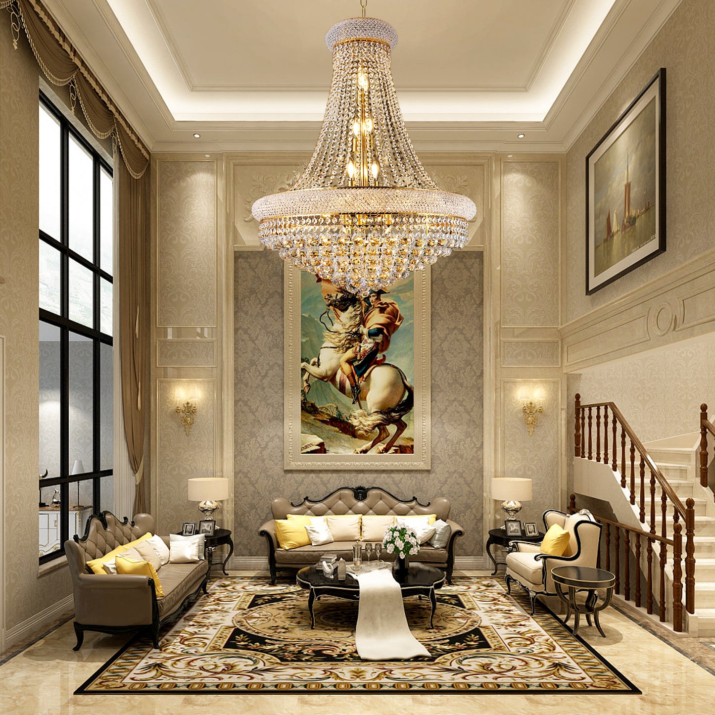 YANSUN Elegant French Empire Chandelier, 28" Gold Finish with 15 E12 LED Bulbs, 2700K-3000K Warm White Light, Crystal Cascading Design