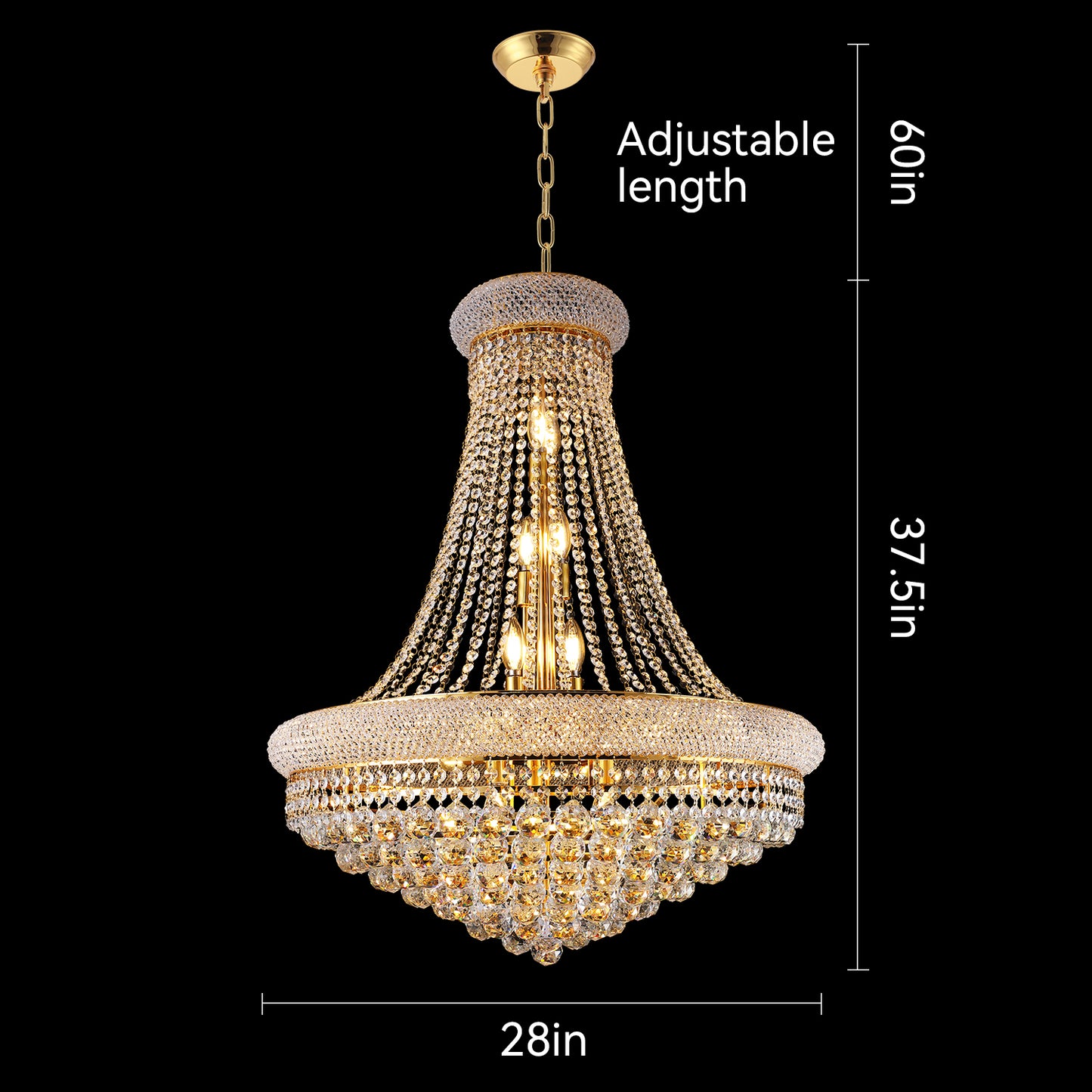 YANSUN Elegant French Empire Chandelier, 28" Gold Finish with 15 E12 LED Bulbs, 2700K-3000K Warm White Light, Crystal Cascading Design