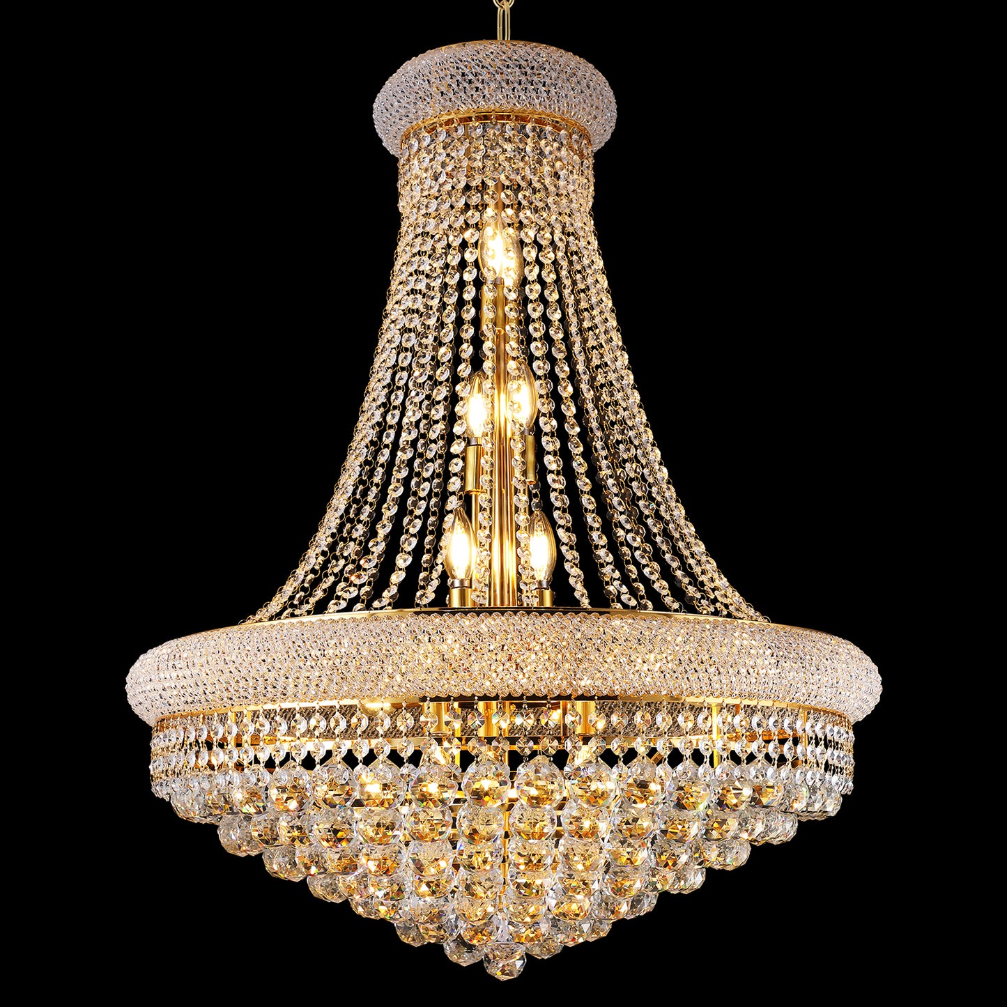 YANSUN Elegant French Empire Chandelier, 28" Gold Finish with 15 E12 LED Bulbs, 2700K-3000K Warm White Light, Crystal Cascading Design