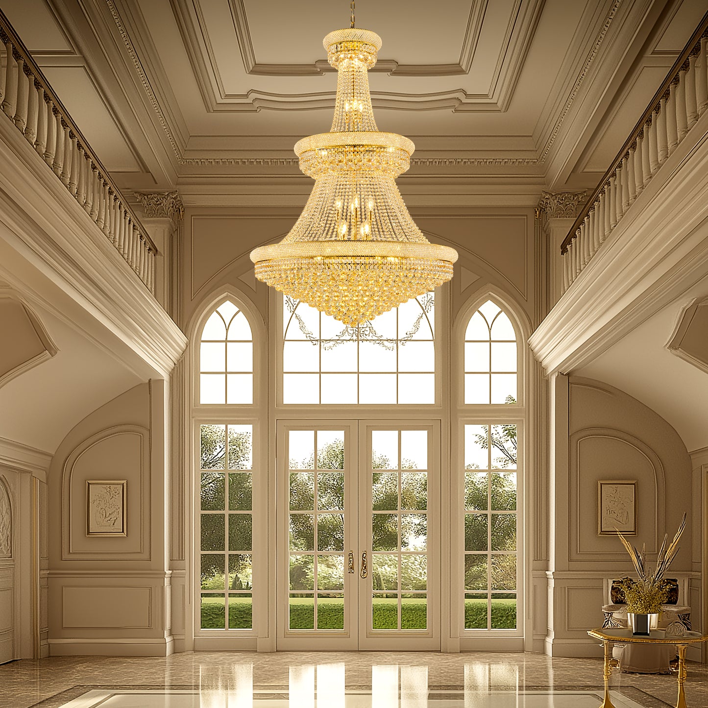 YANSUN 42 in. Gold 3-Tier Crystal Chandelier 61 in. Height Empire Ceiling Light 36-Light E12 LED 3000K Warm White K9 Crystal Luxury Pendant Fixture for Living Room Staircase Foyer Hotel