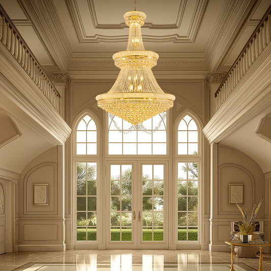 YANSUN 42 in. Gold 3-Tier Crystal Chandelier 61 in. Height Empire Ceiling Light 36-Light E12 LED 3000K Warm White K9 Crystal Luxury Pendant Fixture for Living Room Staircase Foyer Hotel