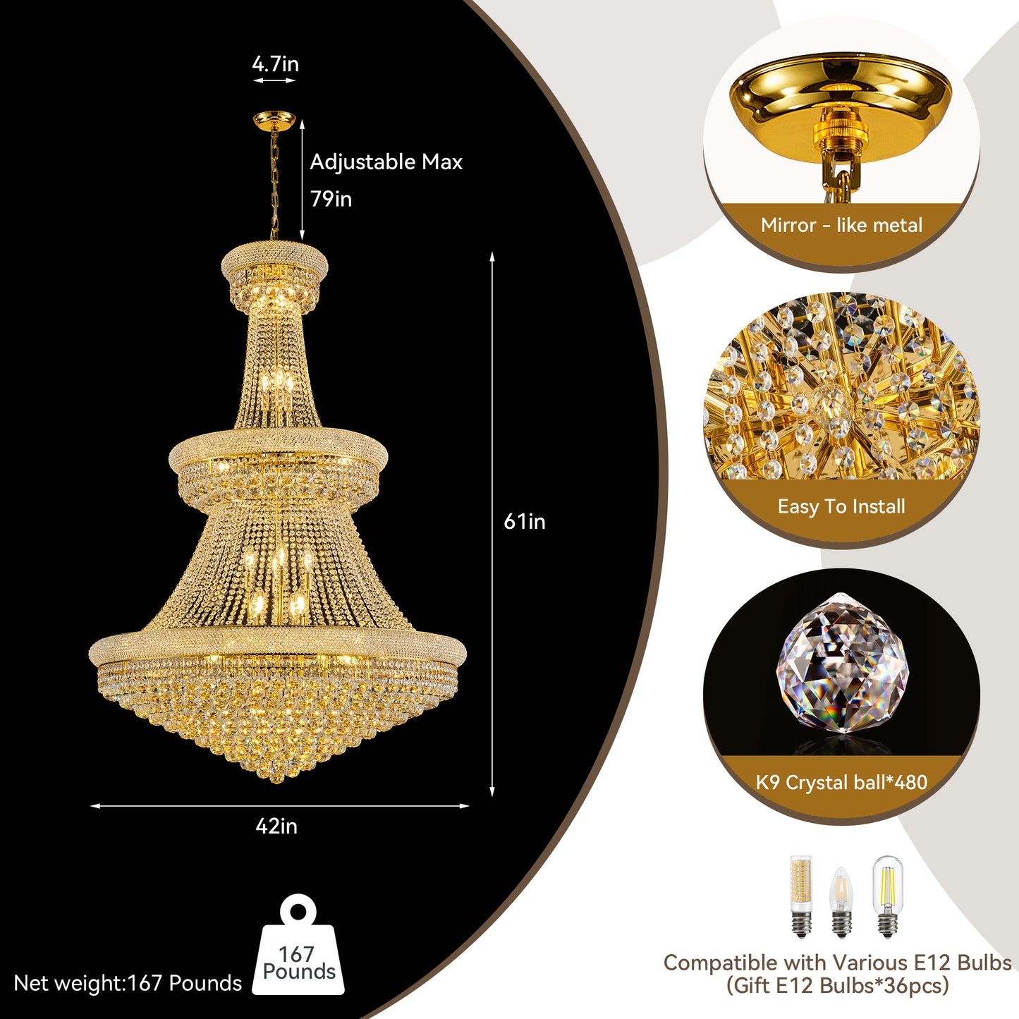 YANSUN 42 in. Gold 3-Tier Crystal Chandelier 61 in. Height Empire Ceiling Light 36-Light E12 LED 3000K Warm White K9 Crystal Luxury Pendant Fixture for Living Room Staircase Foyer Hotel