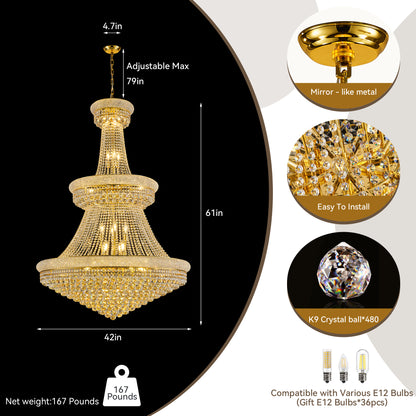 YANSUN 42 in. Gold 3-Tier Crystal Chandelier 61 in. Height Empire Ceiling Light 36-Light E12 LED 3000K Warm White K9 Crystal Luxury Pendant Fixture for Living Room Staircase Foyer Hotel