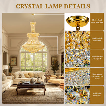 YANSUN 42 in. Gold 3-Tier Crystal Chandelier 61 in. Height Empire Ceiling Light 36-Light E12 LED 3000K Warm White K9 Crystal Luxury Pendant Fixture for Living Room Staircase Foyer Hotel