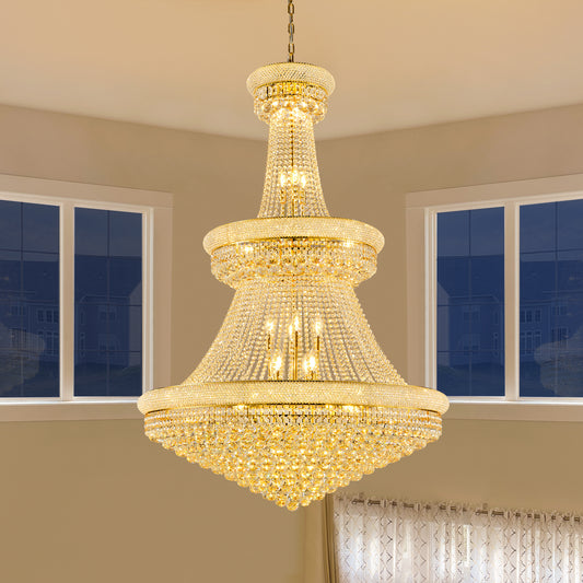YANSUN 42 in. Gold 3-Tier Crystal Chandelier 61 in. Height Empire Ceiling Light 36-Light E12 LED 3000K Warm White K9 Crystal Luxury Pendant Fixture for Living Room Staircase Foyer Hotel