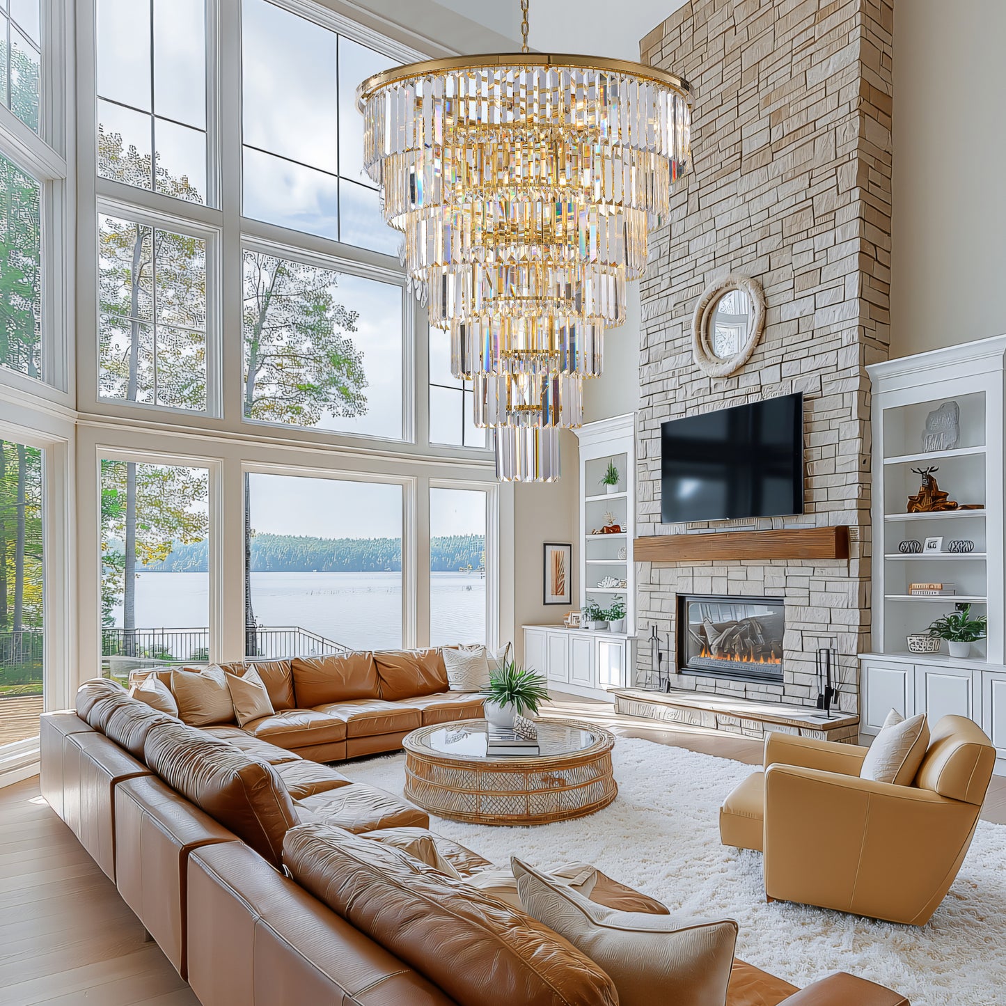 YANSUN Elegant 40" Tiered Crystal Chandelier with 30 E12 Bulbs, Gold Mirror Frame, 370 Crystal Rods, Ideal for Foyers & Staircases