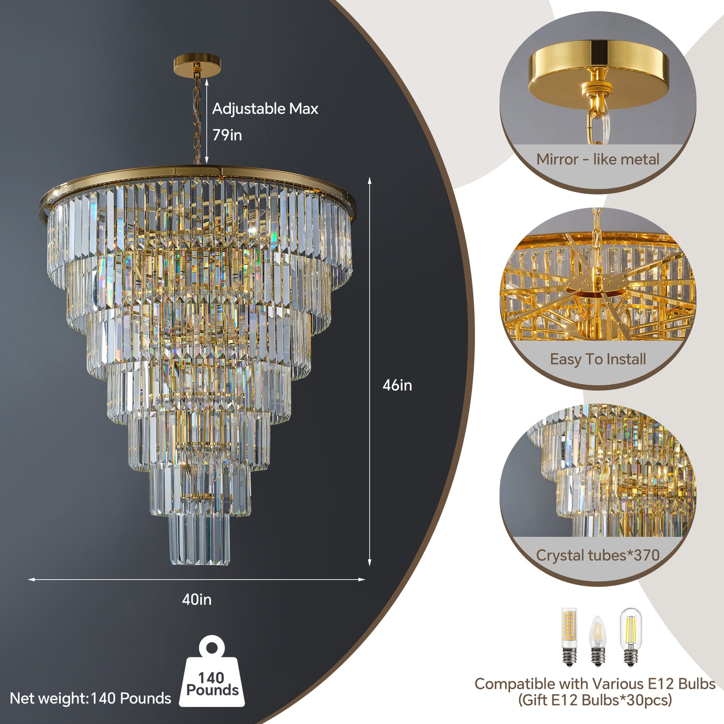 YANSUN Elegant 40" Tiered Crystal Chandelier with 30 E12 Bulbs, Gold Mirror Frame, 370 Crystal Rods, Ideal for Foyers & Staircases