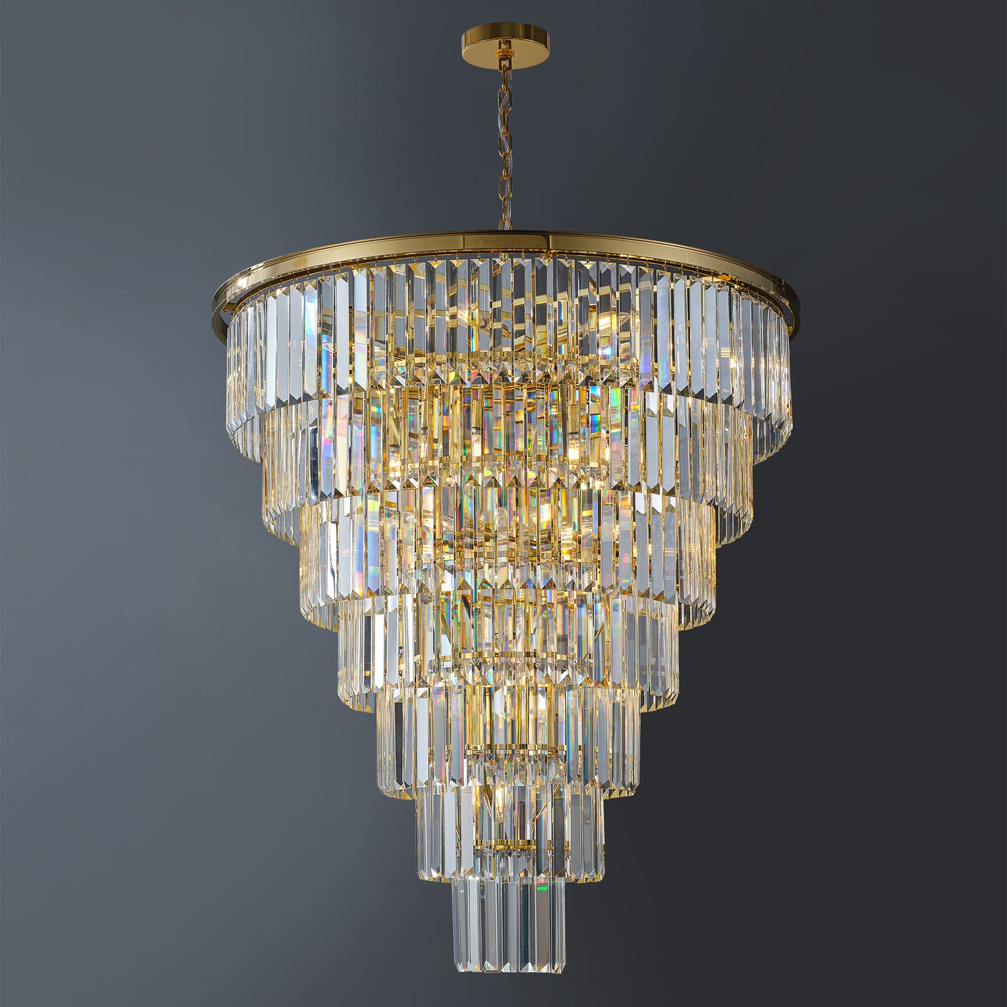 YANSUN Elegant 40" Tiered Crystal Chandelier with 30 E12 Bulbs, Gold Mirror Frame, 370 Crystal Rods, Ideal for Foyers & Staircases
