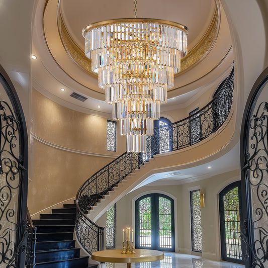 YANSUN Elegant 40" Tiered Crystal Chandelier with 30 E12 Bulbs, Gold Mirror Frame, 370 Crystal Rods, Ideal for Foyers & Staircases