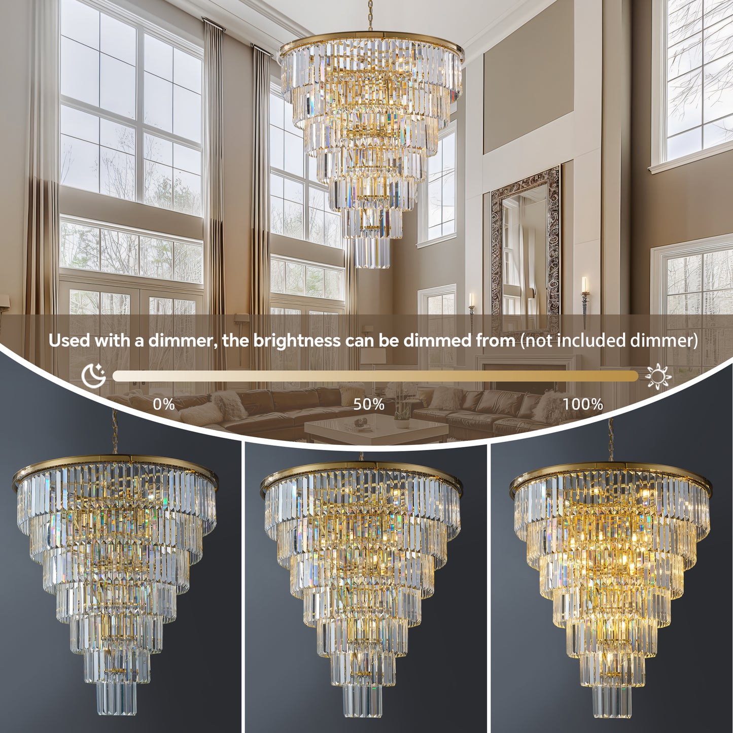 YANSUN Elegant 40" Tiered Crystal Chandelier with 30 E12 Bulbs, Gold Mirror Frame, 370 Crystal Rods, Ideal for Foyers & Staircases