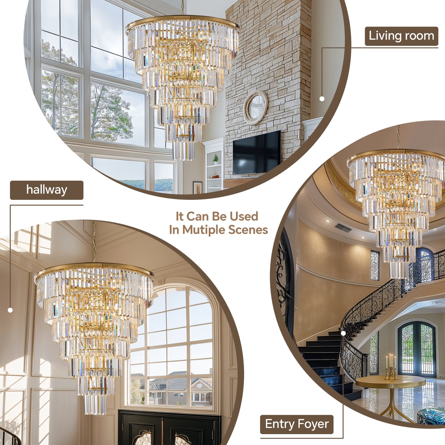 YANSUN Elegant 40" Tiered Crystal Chandelier with 30 E12 Bulbs, Gold Mirror Frame, 370 Crystal Rods, Ideal for Foyers & Staircases