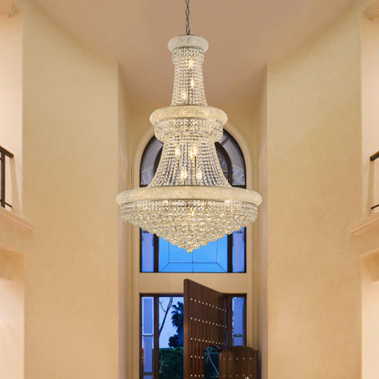YANSUN 32" French Empire Crystal Chandelier, 27-Light Chrome Ceiling Light, 3000K LED Included, Adjustable Height, Luxury Fixture
