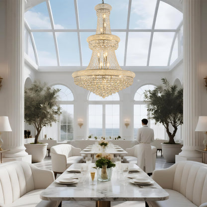 YANSUN 32" French Empire Crystal Chandelier, 27-Light Chrome Ceiling Light, 3000K LED Included, Adjustable Height, Luxury Fixture