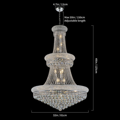 YANSUN 32" French Empire Crystal Chandelier, 27-Light Chrome Ceiling Light, 3000K LED Included, Adjustable Height, Luxury Fixture