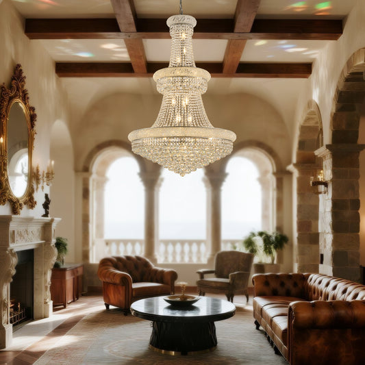 YANSUN 32" French Empire Crystal Chandelier, 27-Light Chrome Ceiling Light, 3000K LED Included, Adjustable Height, Luxury Fixture