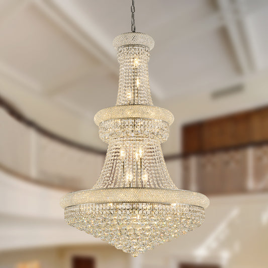 YANSUN 32" French Empire Crystal Chandelier, 27-Light Chrome Ceiling Light, 3000K LED Included, Adjustable Height, Luxury Fixture