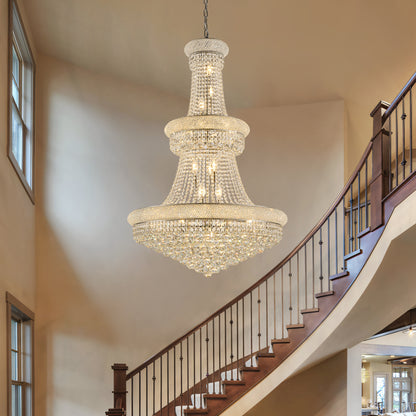 YANSUN 32" French Empire Crystal Chandelier, 27-Light Chrome Ceiling Light, 3000K LED Included, Adjustable Height, Luxury Fixture