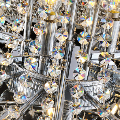 YANSUN 32" French Empire Crystal Chandelier, 27-Light Chrome Ceiling Light, 3000K LED Included, Adjustable Height, Luxury Fixture