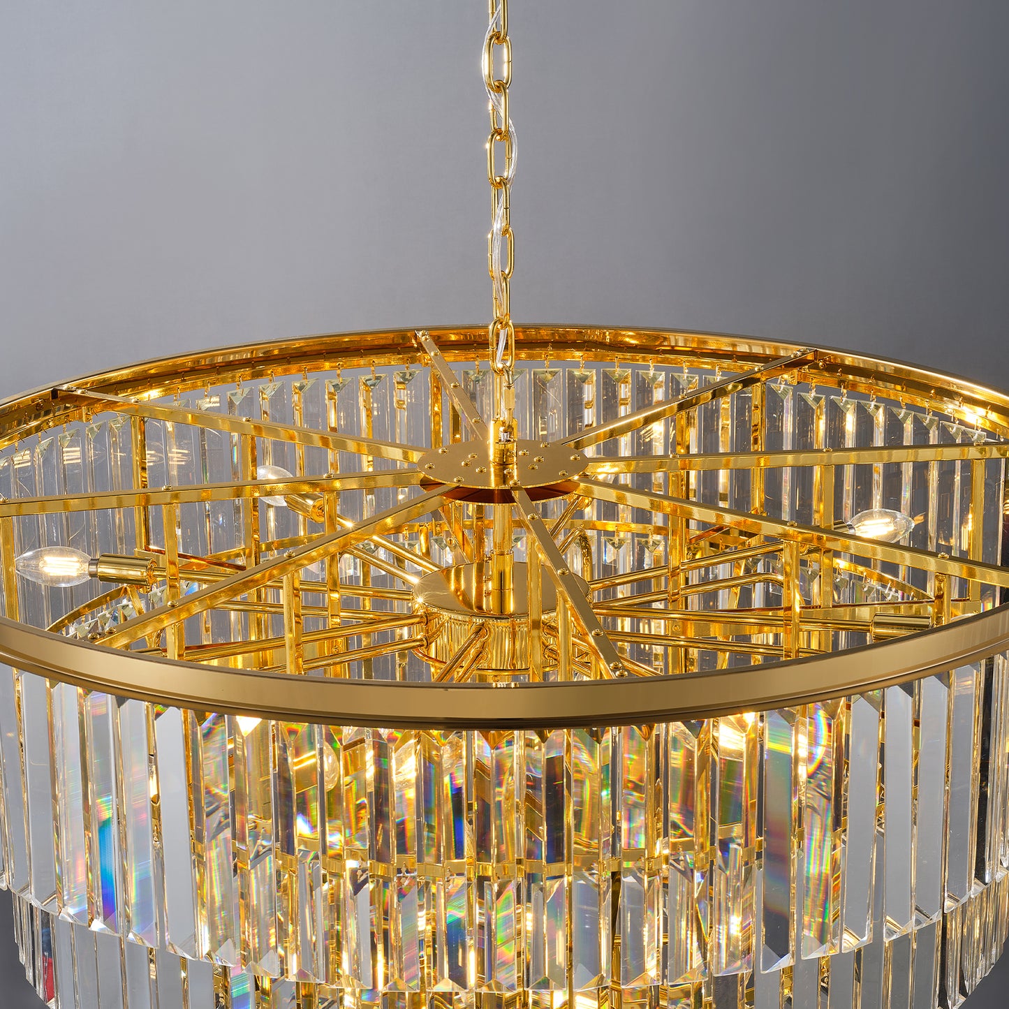 YANSUN 48in. Gold Tiered Crystal Tube Chandelier 45-Light E12 580 Crystal Rods Adjustable 79in. Chain LED Bulbs Included