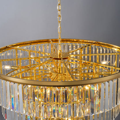 YANSUN 48in. Gold Tiered Crystal Tube Chandelier 45-Light E12 580 Crystal Rods Adjustable 79in. Chain LED Bulbs Included