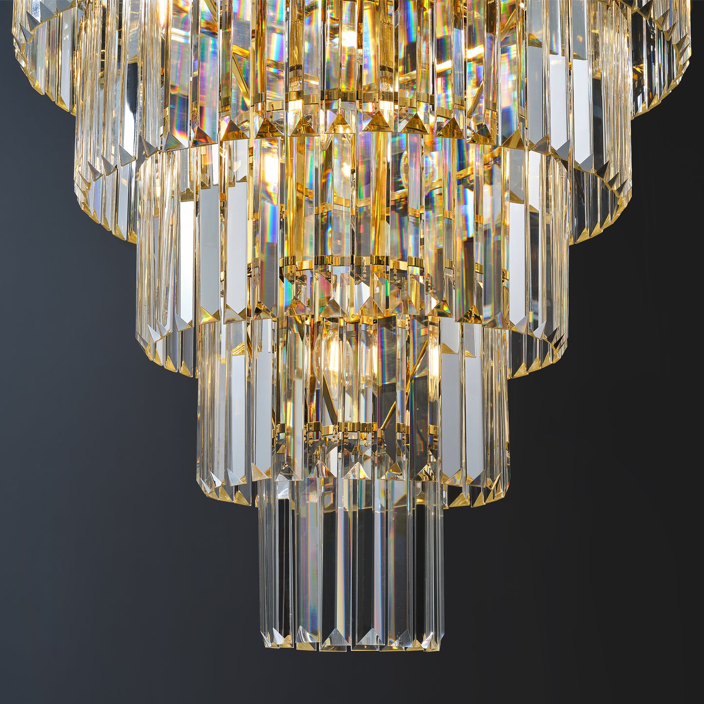 YANSUN 48in. Gold Tiered Crystal Tube Chandelier 45-Light E12 580 Crystal Rods Adjustable 79in. Chain LED Bulbs Included
