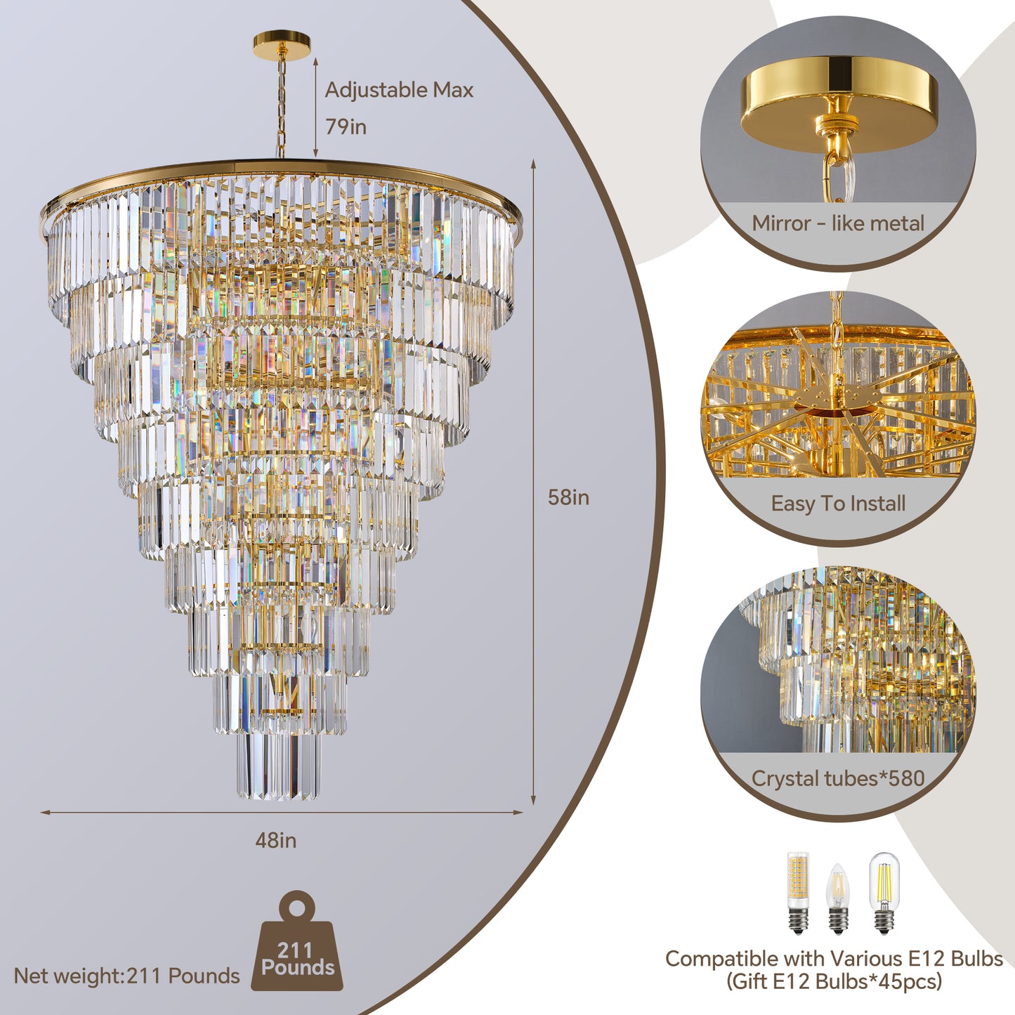 YANSUN 48in. Gold Tiered Crystal Tube Chandelier 45-Light E12 580 Crystal Rods Adjustable 79in. Chain LED Bulbs Included