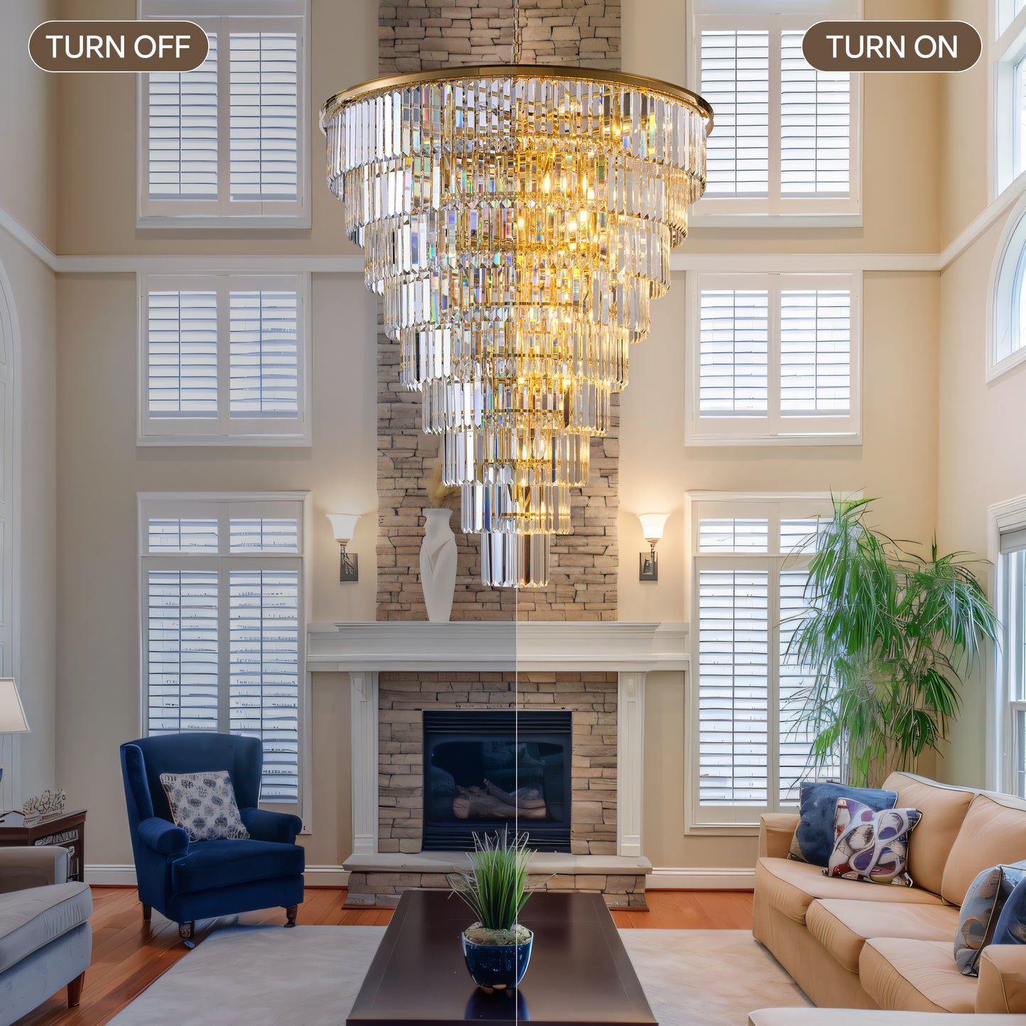 YANSUN 48in. Gold Tiered Crystal Tube Chandelier 45-Light E12 580 Crystal Rods Adjustable 79in. Chain LED Bulbs Included