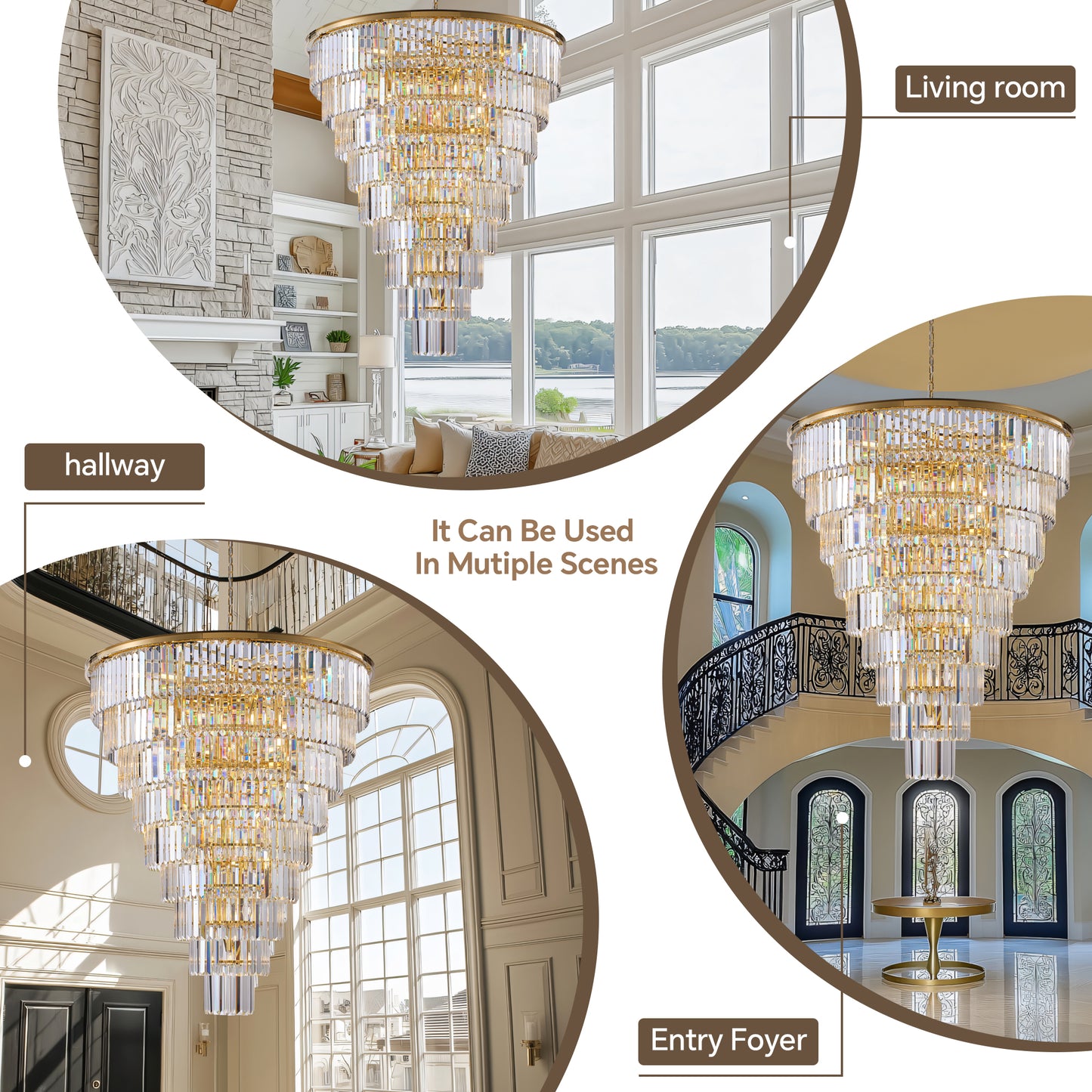 YANSUN 48in. Gold Tiered Crystal Tube Chandelier 45-Light E12 580 Crystal Rods Adjustable 79in. Chain LED Bulbs Included