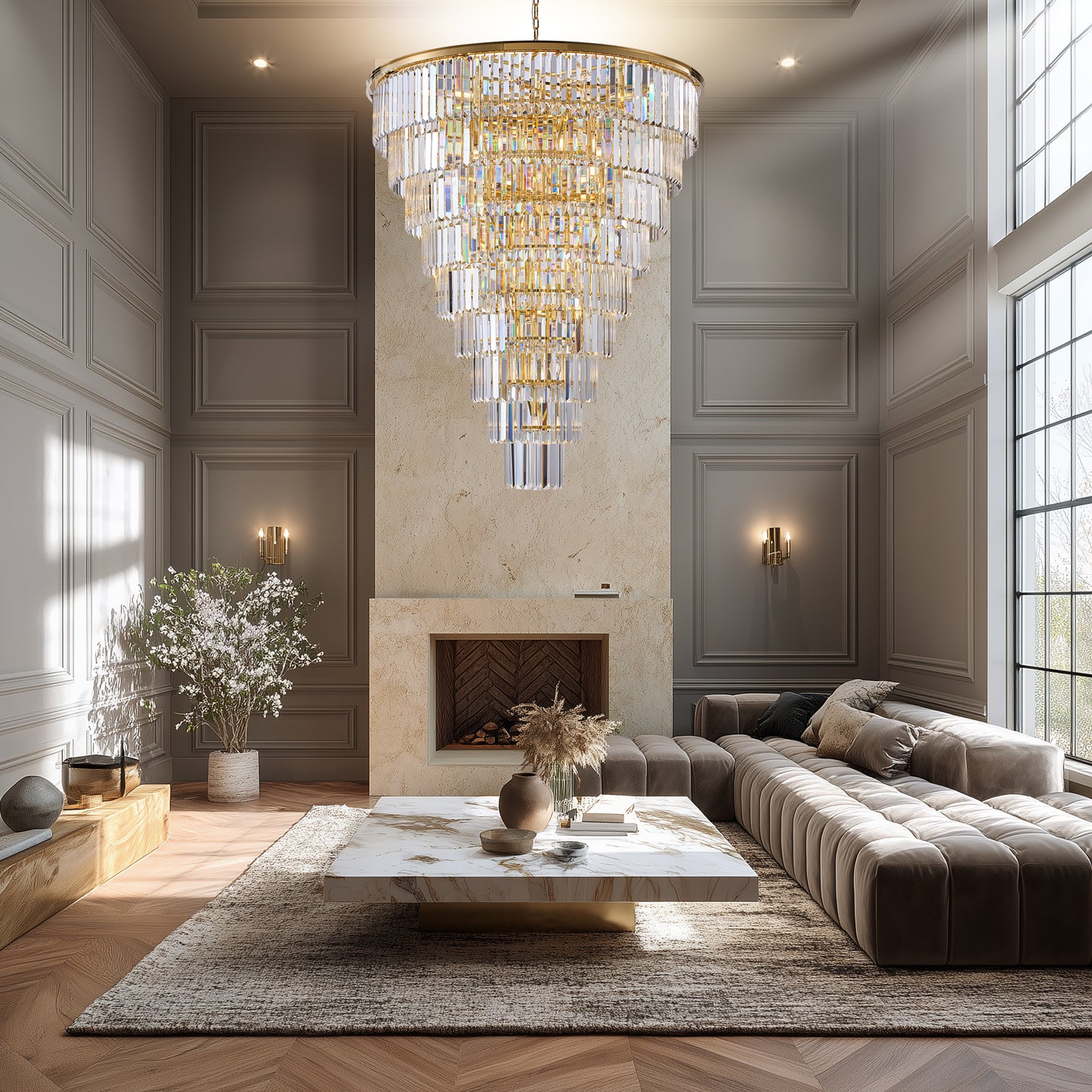 YANSUN 48in. Gold Tiered Crystal Tube Chandelier 45-Light E12 580 Crystal Rods Adjustable 79in. Chain LED Bulbs Included