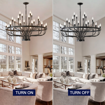 YANSUN Industrial Black Chandelier Rustic Vintage 24-Light Candle Style E12 Pendant for Dining Room Kitchen Island Living Room