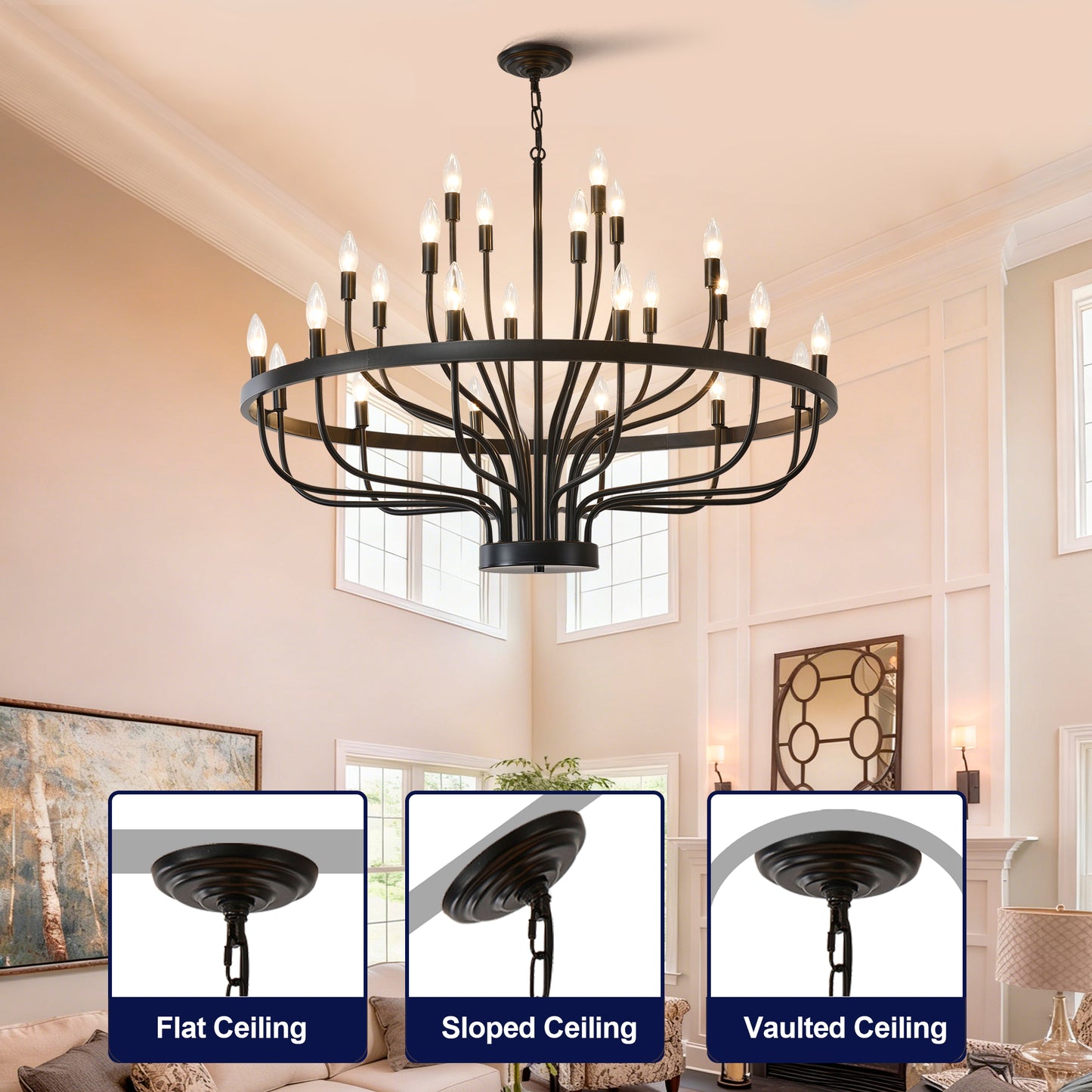 YANSUN Industrial Black Chandelier Rustic Vintage 24-Light Candle Style E12 Pendant for Dining Room Kitchen Island Living Room