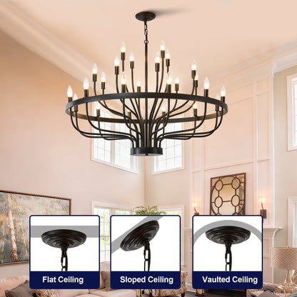 YANSUN Industrial Black Chandelier Rustic Vintage 24-Light Candle Style E12 Pendant for Dining Room Kitchen Island Living Room
