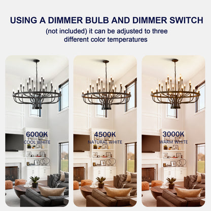 YANSUN Industrial Black Chandelier Rustic Vintage 24-Light Candle Style E12 Pendant for Dining Room Kitchen Island Living Room