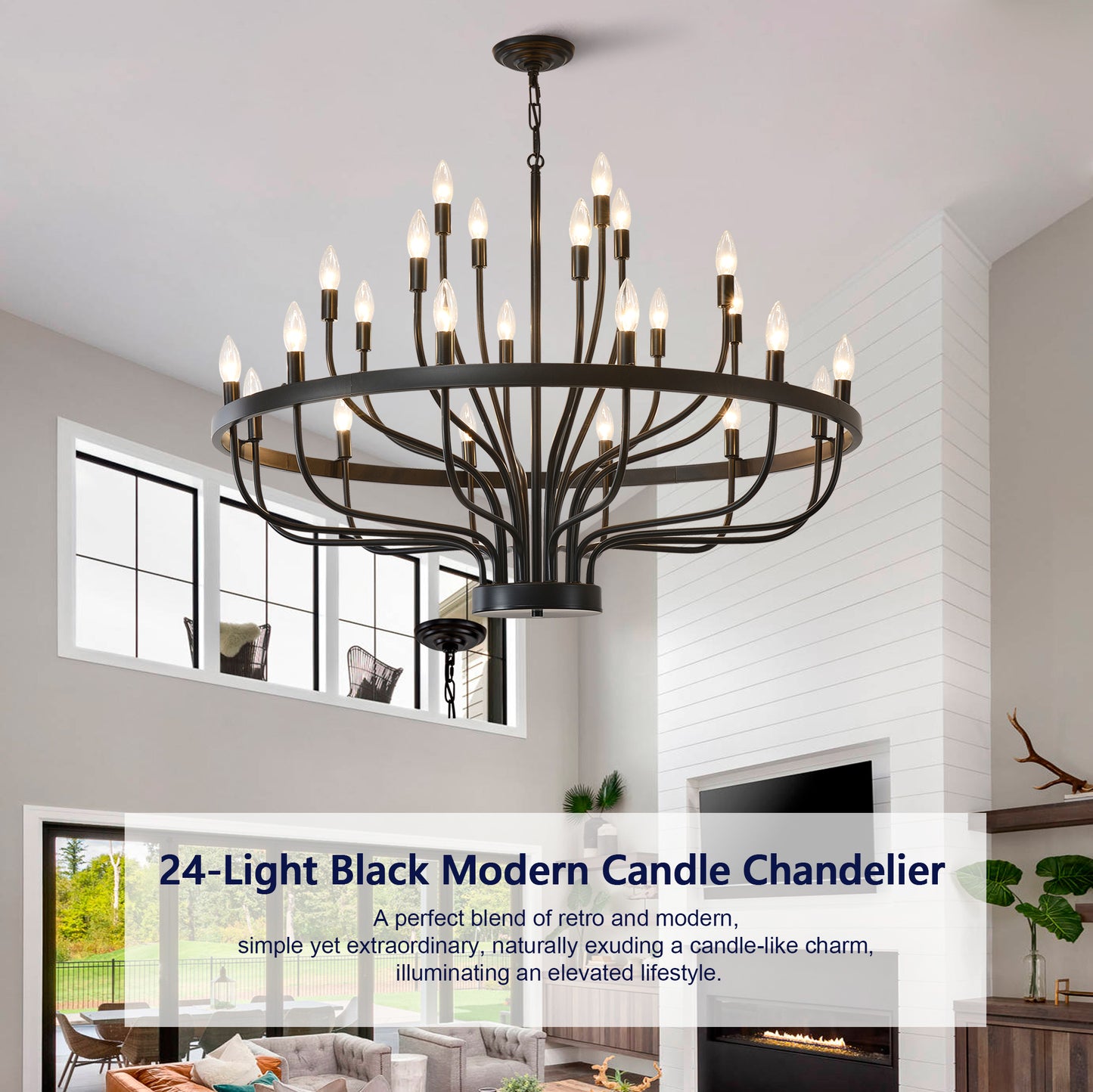 YANSUN Industrial Black Chandelier Rustic Vintage 24-Light Candle Style E12 Pendant for Dining Room Kitchen Island Living Room