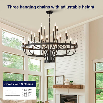 YANSUN Industrial Black Chandelier Rustic Vintage 24-Light Candle Style E12 Pendant for Dining Room Kitchen Island Living Room