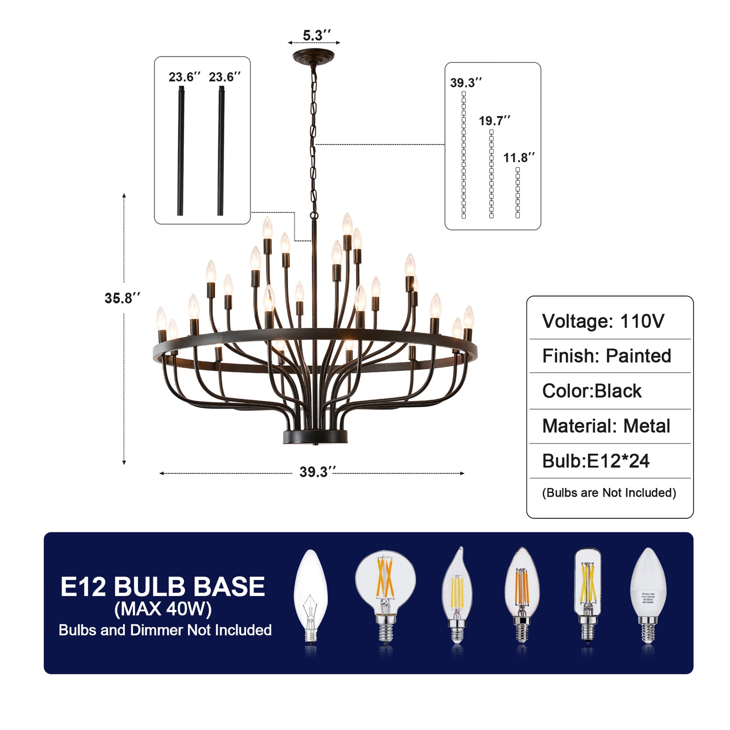 YANSUN Industrial Black Chandelier Rustic Vintage 24-Light Candle Style E12 Pendant for Dining Room Kitchen Island Living Room
