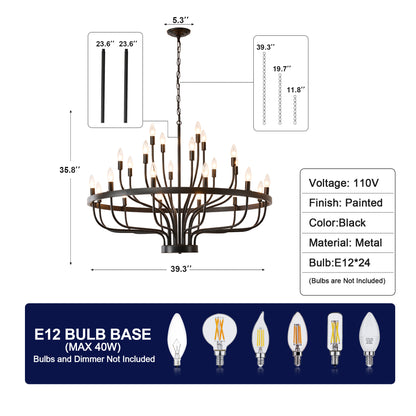 YANSUN Industrial Black Chandelier Rustic Vintage 24-Light Candle Style E12 Pendant for Dining Room Kitchen Island Living Room