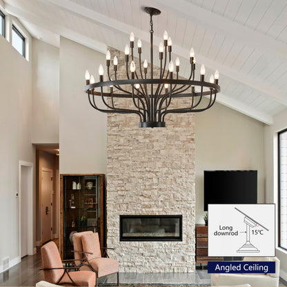 YANSUN Industrial Black Chandelier Rustic Vintage 24-Light Candle Style E12 Pendant for Dining Room Kitchen Island Living Room