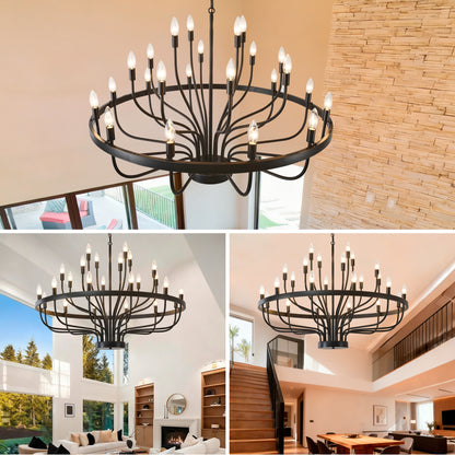YANSUN Industrial Black Chandelier Rustic Vintage 24-Light Candle Style E12 Pendant for Dining Room Kitchen Island Living Room