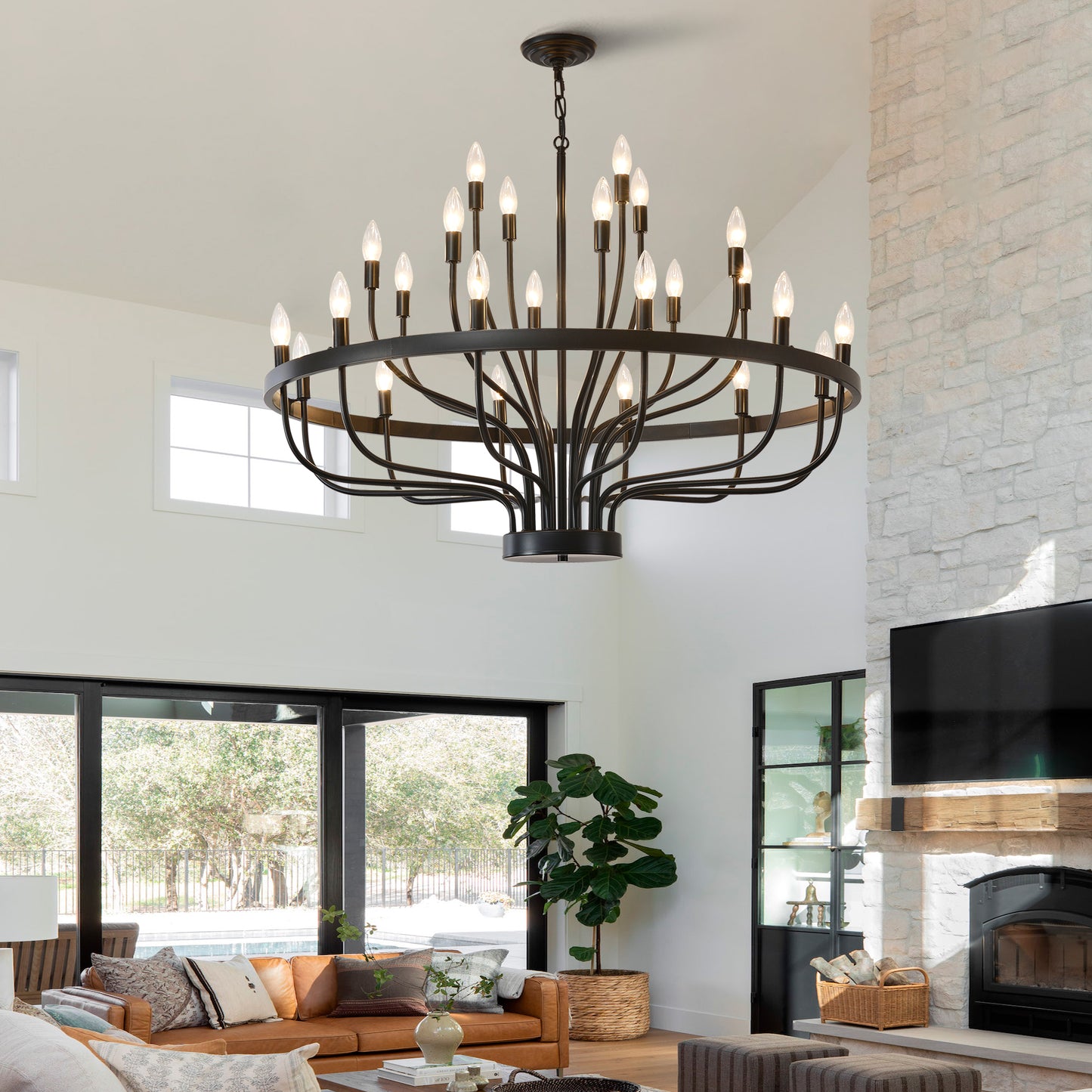 YANSUN Industrial Black Chandelier Rustic Vintage 24-Light Candle Style E12 Pendant for Dining Room Kitchen Island Living Room