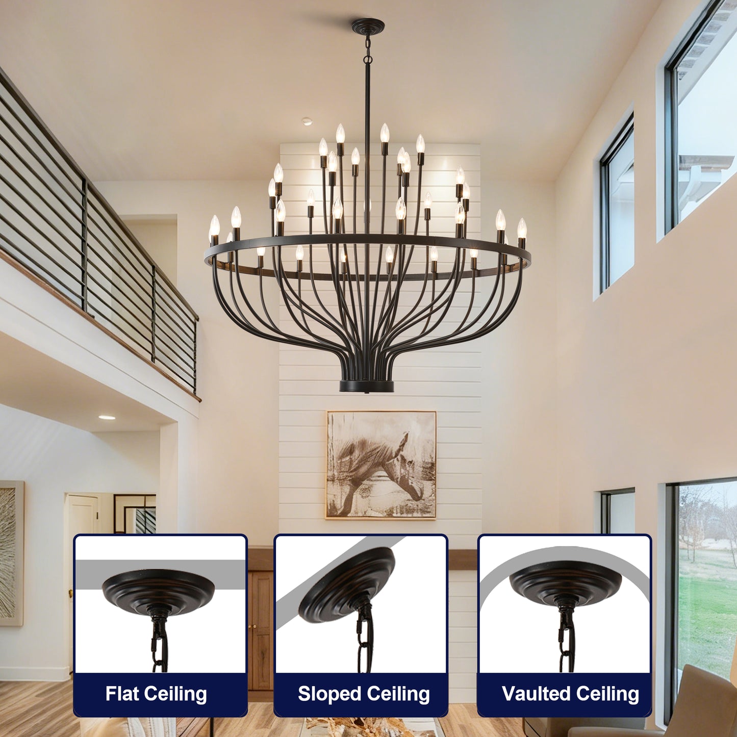 YANSUN Industrial Black Chandelier Rustic Vintage 33-Light Candle Style E12 Pendant for Dining Room Kitchen Island Living Room